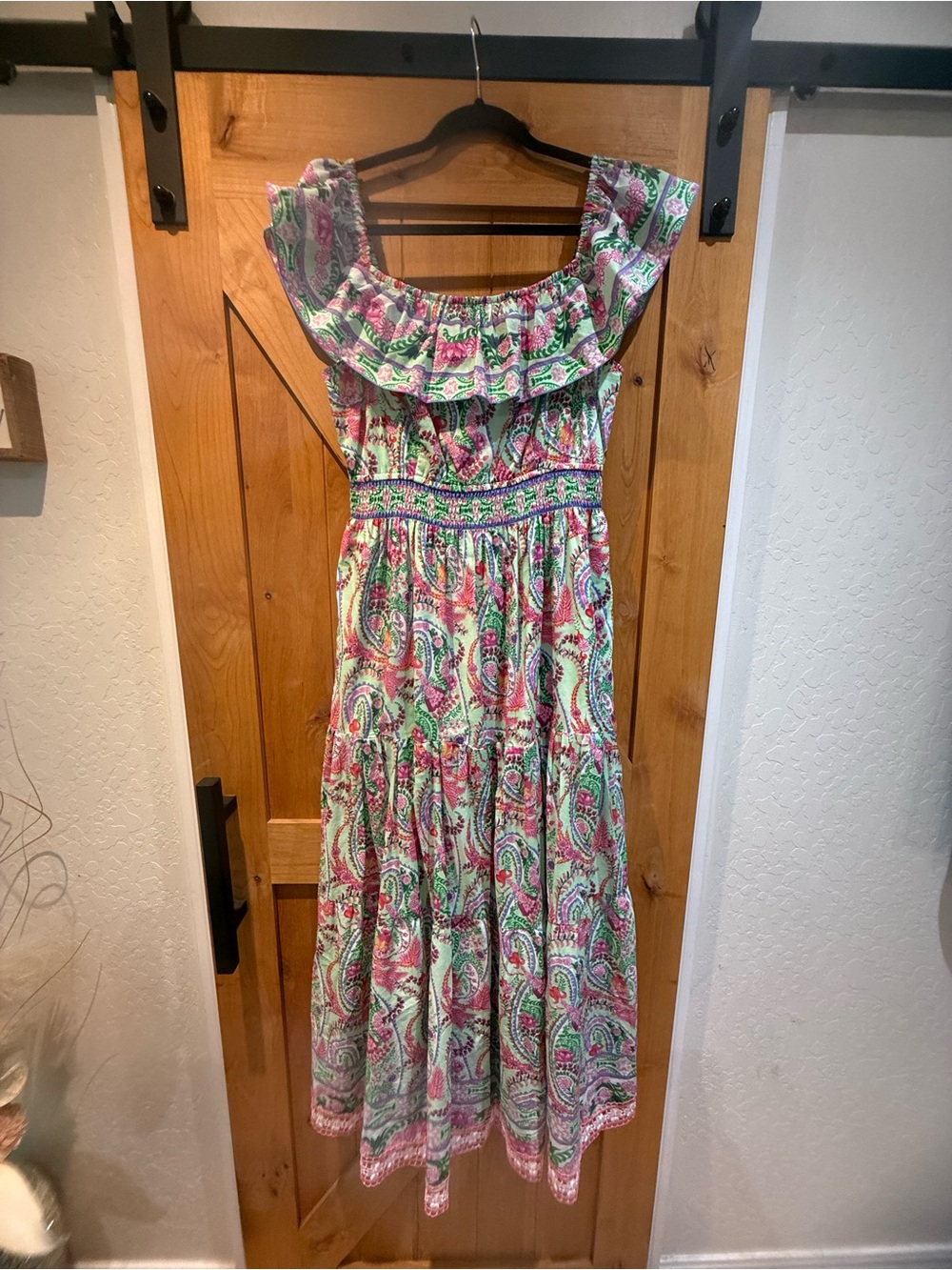 Hale Bob Floral Paisley Off-Shoulder Maxi Dress in Mint, Pink & Lavender